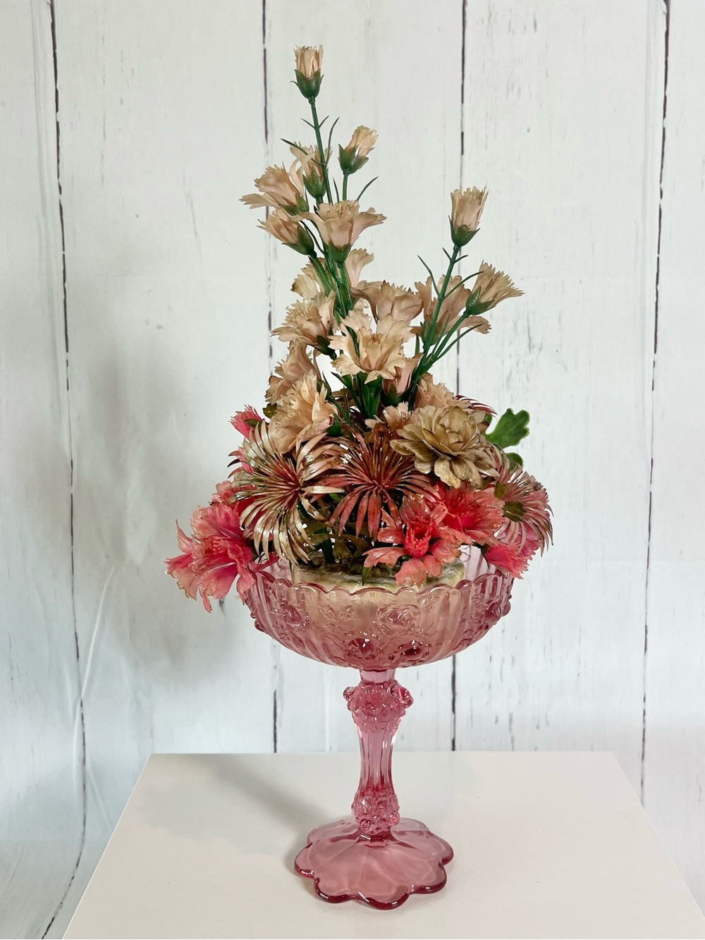 Vintage Fenton Pink Glass Compote with Mid Century Plastic Floral Arrangement